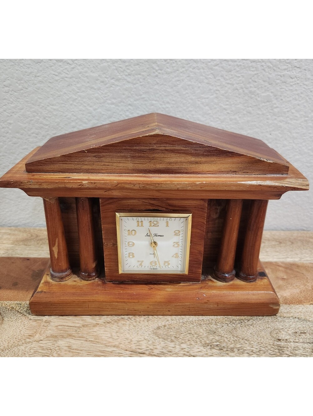 Vintage Seth Thomas Wooden Mantel Clock Architectural Temple Desk Alarm Taiwan